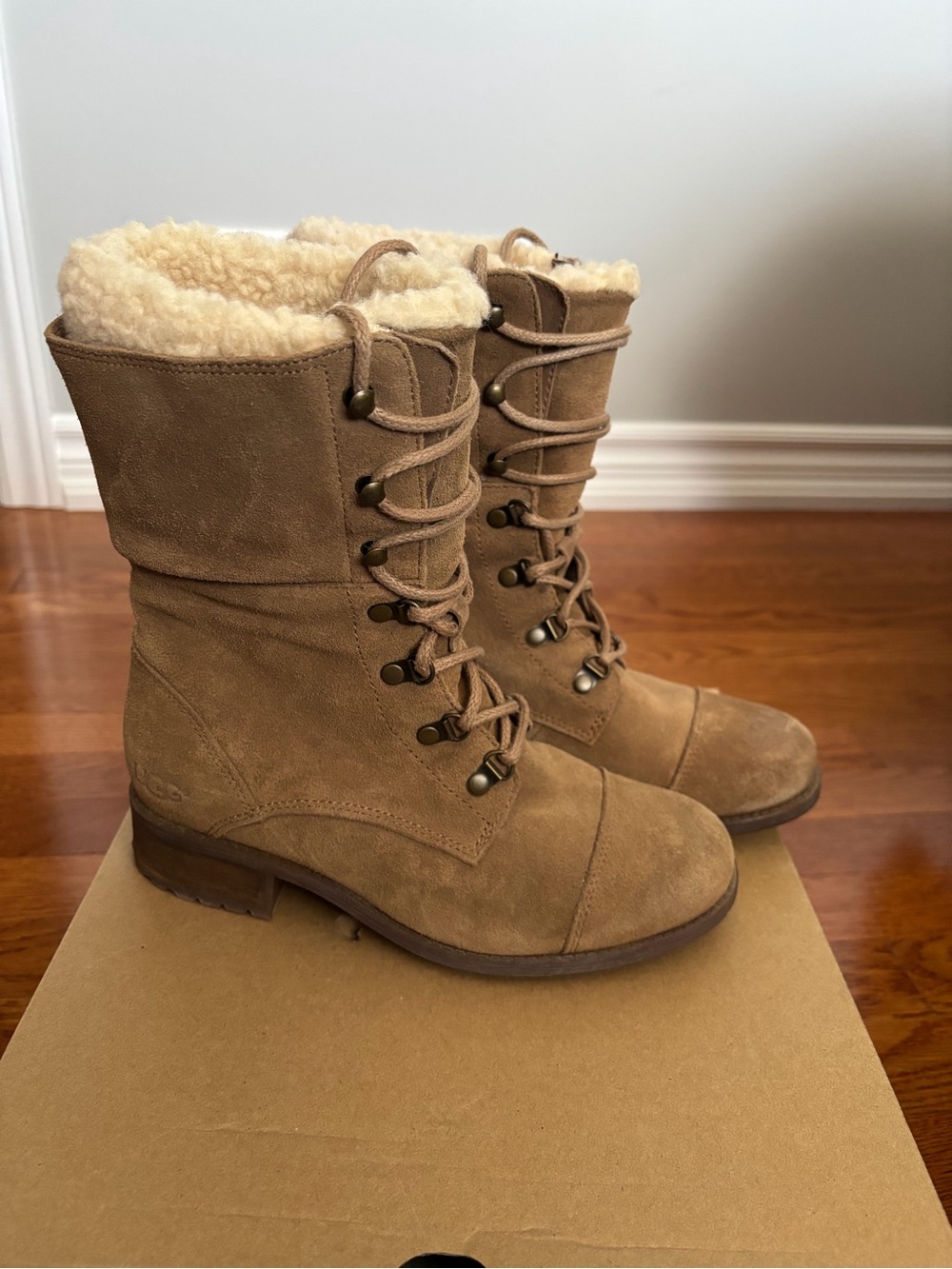 UGG Tan Suede Lace-Up Sherpa Boots for Women